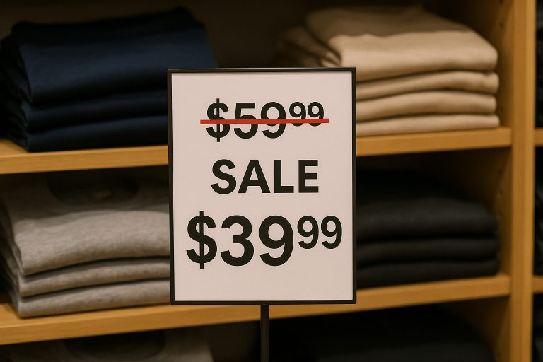 A demonstration of the former price rule: Shirts on a rack in a store with a price tag in front showcasing 59.99 dollars striked-through, with new price of 39.99 shown