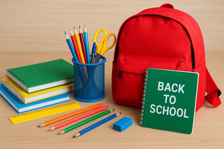 Back to school pricing strategies. Image of red backpack with notebook in front with text "Back to school", next to notebooks and stationery.