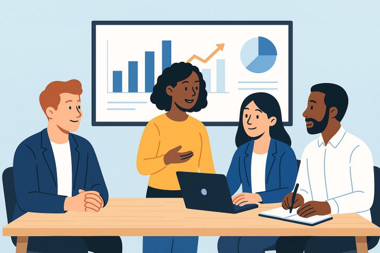 image of four persons discussing around a table with graphs around
