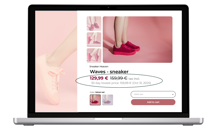 Product page of sneakers with prior price and discounted price